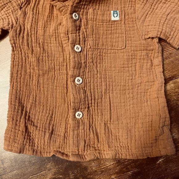 Rabbit + Bear Brown Organic Cotton Gauze Short Sleeve Button Up Shirt Baby 24M - Picture 3 of 8